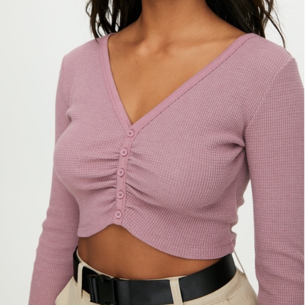 Aritzia TNA Thermal Long Sleeve Ruched Crop Top in Mauve Sz Medium